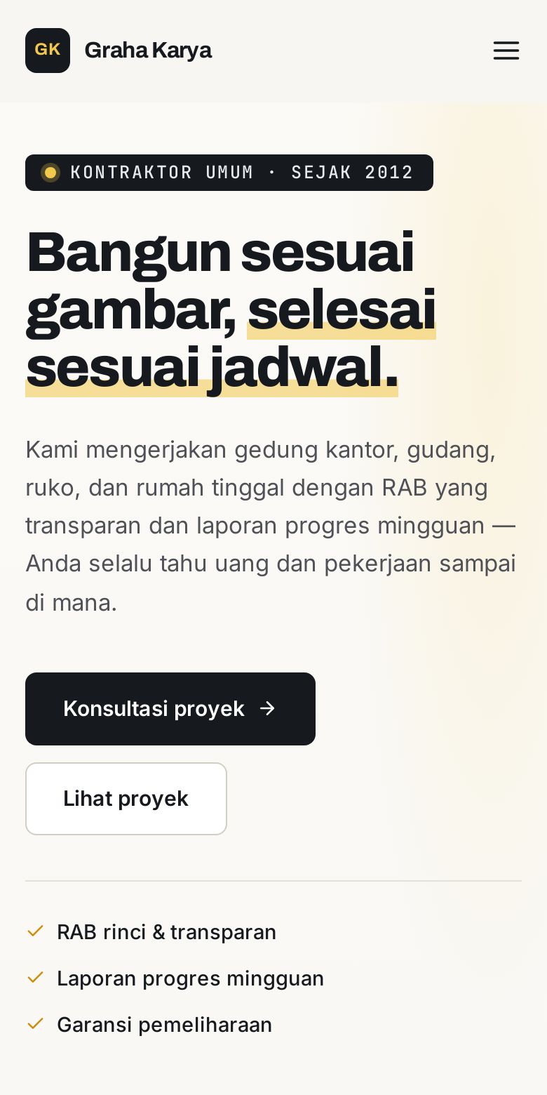 Tampilan HP demo Kontraktor & Konstruksi